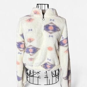 SO Southwestern Aztec Sherpa Quarter-Zip Cropped Pullover Fleece - Size M